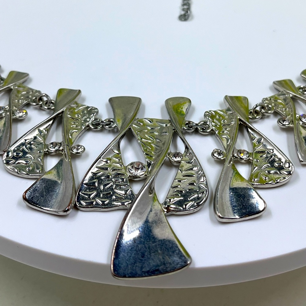 Abstract Art Deco Statement Necklace with White Crystal Accents - Picture 4 of 6